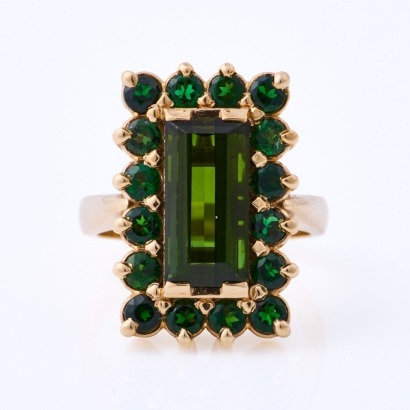 9ct Yellow Gold, 4.34ct Green Tourmaline Halo Cocktail Ring