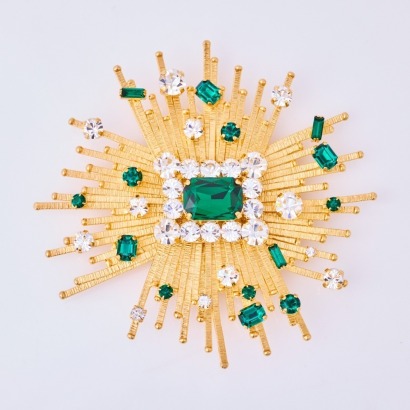 Balmain, Gold-tone, Green / Clear Glass, Large Brooch with Box and Papers - As new