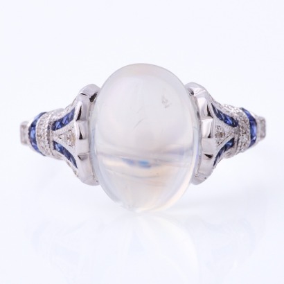 18ct White Gold, Art Dec Style, 4.81ct Moonstone /.41ct Sapphire /.11ct Diamond Ring - Near new
