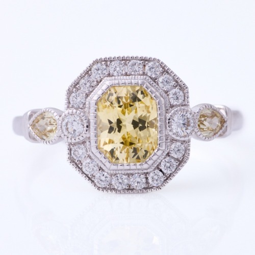 18ct White Gold, Modern, 1.24ct Yellow Sapphire /.31ct Small Sapphire / .21ct Diamond Halo Ring - Near new