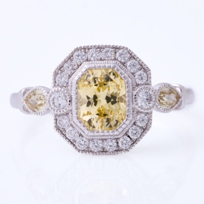 18ct White Gold, Modern, 1.24ct Yellow Sapphire /.31ct Small Sapphire / .21ct Diamond Halo Ring - Near new