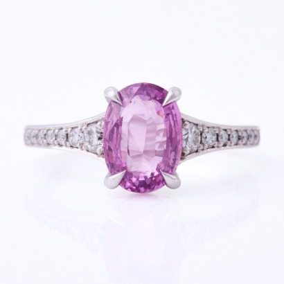 18ct White Gold, 3.14ct Pink Sapphire / .23ct Diamond Set Shoulders Ring - Near new