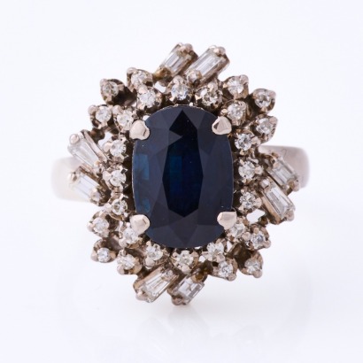 9ct White Gold, 4.00ct Dark Blue Sapphire / .66ct Diamond Ring