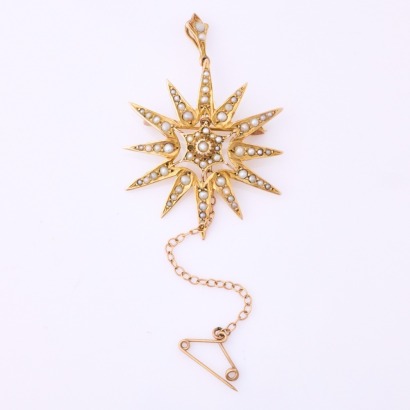 9ct Yellow Gold, Vintage, 46mm Seed Pearl Star Brooch