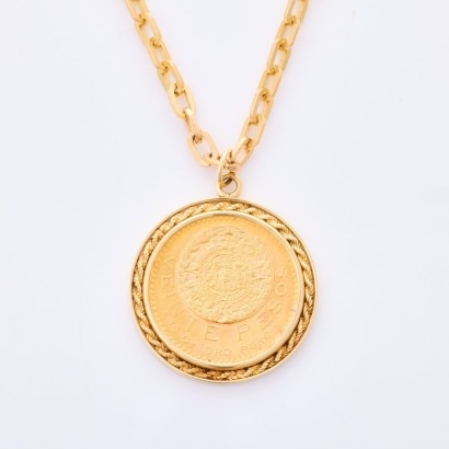 14ct / 22ct Yellow Gold, 50cm Necklace with Mexican 20 Peso 'Aztec Calendar' 1959 Gold Coin
