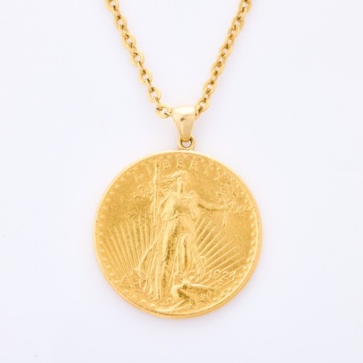 18ct Yellow Gold, 64cm Necklace, set with One, 20 Dollar Liberty Eagle Gold Coin