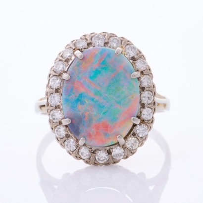 18ct White Gold / Platinum, Estate, 3.88ct Black Opal / .70ct Diamond Ring
