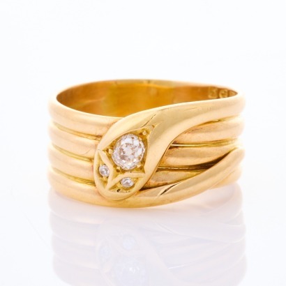 18ct Yellow Gold, Vintage, Diamond Set Snake Ring