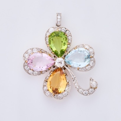 15ct Yellow Gold / Platinum, Multi Stone Flower / 1.50ct Diamond Pendant