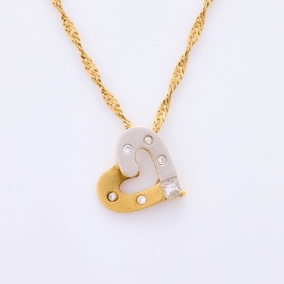 18ct Yellow Gold, Two Tone .05ct Diamond Set Pendant on 55cm, 18ct Yellow Gold Singapore Twist Chain