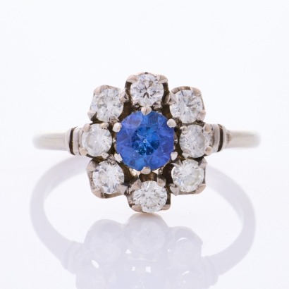 18ct White Gold / Platinum, Ceylon Sapphire / .80ct Diamond Halo Ring