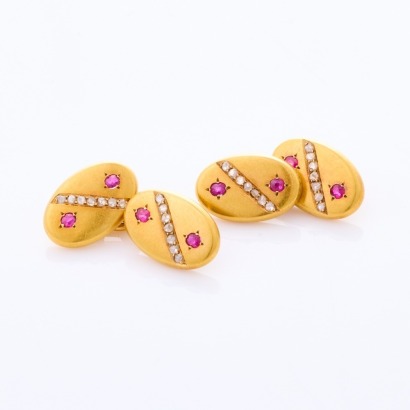 18ct Yellow Gold, Estate, Victorian, .50ct Ruby / .30ct Diamond Cuff Links with French Hallmarks