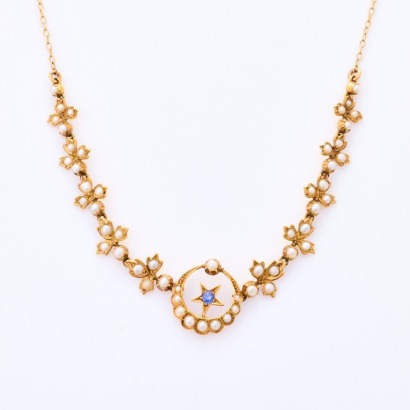 15ct / 9ct Yellow Gold, Estate, Victorian Seed Pearl / .15ct Sapphire Necklace