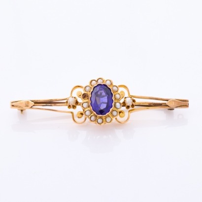 18ct Rose Gold, Seed Pearl / Blue Stone Bar Brooch