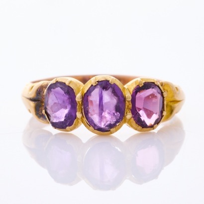 9ct Yellow Gold, Two Oval Amethyst / One Purple Stone Ring