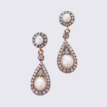 Antique Victorian, 16ct Rose Gold / Yellow Gold / Silver, Pearl / 2.00ct Diamond Screw Back Drop Earrings