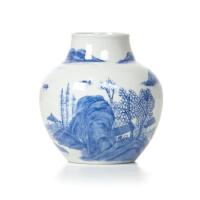 A Chinese Mid-Qing Dynasty Blue and White Small Pot decorated with landscape pattern (Da Qing Daoguang Nian Zhi Mark)