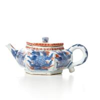 A Chinese Qing Dynasty Kangxi Period Blue and White, Copper Red Hexagonal Teapot