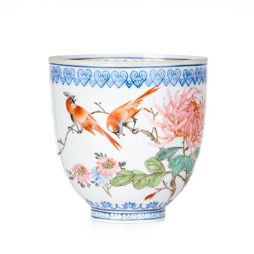 A Chinese Mid-20th Century Famille Rose Egg Shell Cup with bird and flower pattern