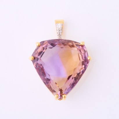 14ct Yellow Gold, Shield cut Ametrine / .08ct Diamond Pendant