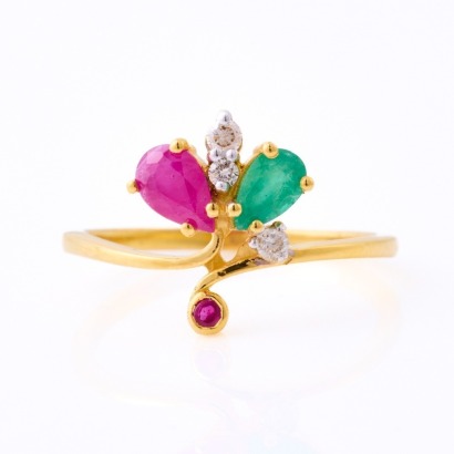 14ct Yellow Gold, Ruby, Emerald, .10ct Diamond Ring
