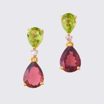 14ct Yellow Gold, Peridot, Tourmaline, .02ct Diamond Drop Earrings