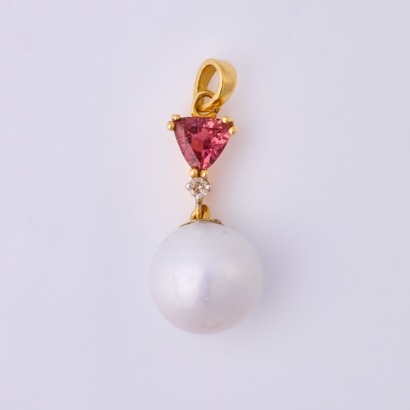 14ct Yellow Gold, Pearl, Tourmaline / .01ct Diamond Drop Pendant