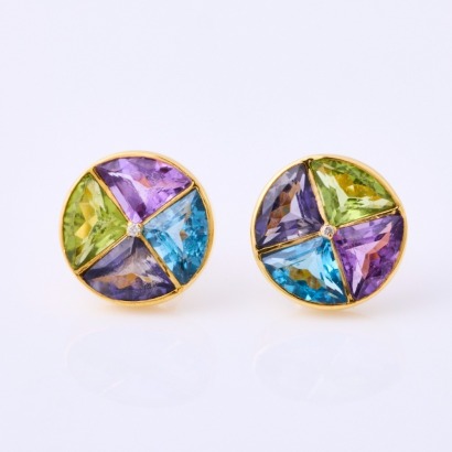 14ct White Gold, Multi-gemstone Round Stud Earrings