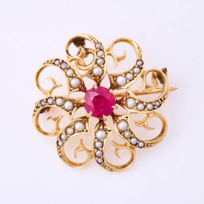 14ct Yellow / White Gold, Seed Pearl / Treated .90ct Ruby Brooch