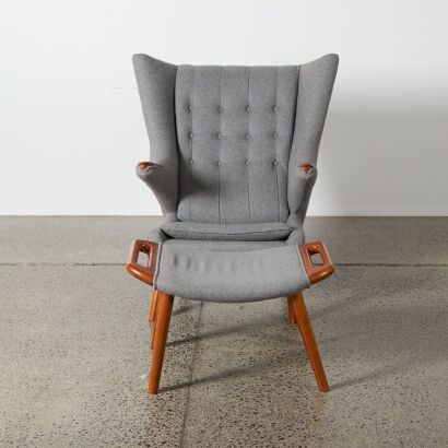 A Hans Wegner Papa Bear Replica In Grey Wool Upholstery With footstool