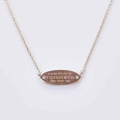 Tiffany & Co, Sterling Silver, .02ct Diamond Oval ID Pendant with Box