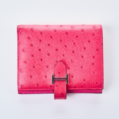 Herm&egrave;s, Rose Tyrien Ostrich Bearn Compact Wallet with Box