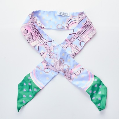 Herm&egrave;s, 100% Silk Brides De Gala Love Twilly Bleu Ciel Parme Vert with Box