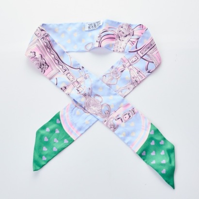 Herm&egrave;s, 100% Silk Brides De Gala Love Twilly Bleu Ciel Parme Vert with Box