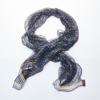 Louis Vuitton x Takashi Murakami, Black 100% Silk Scarf with Box