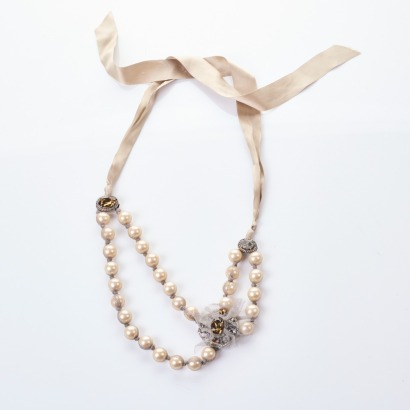 Lanvin, Pearl / Crystal Ribbon Necklace with Box