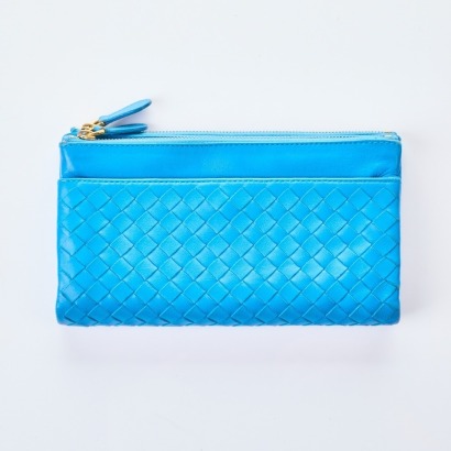 Bottega Veneta, Blue Intrecciato Double Zip Clutch Wallet with Box