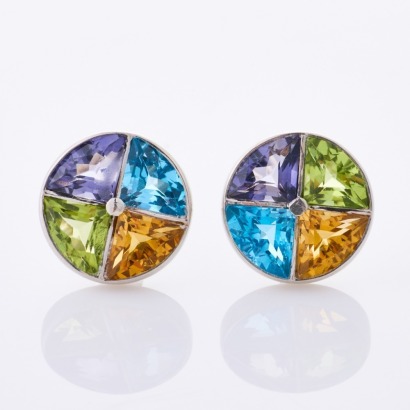 14ct White Gold, Round Amethyst, Blue Topaz, Citrine, Stud Earrings