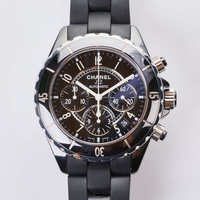 41mm, CHANEL J12 Black Ceramic, Rubber Bracelet Chronograph Wristwatch
