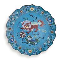 A Chinese Qing Dynasty Cloisonne Plate decorated with a pair of lions