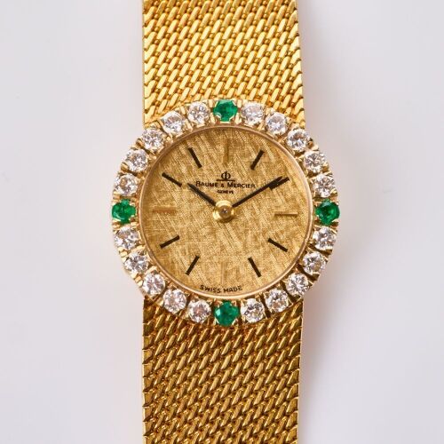 18ct Yellow Gold, 19.6mm Baume et Mercier, Diamond / Emerald Manual Wind Wristwatch, circa 1960's