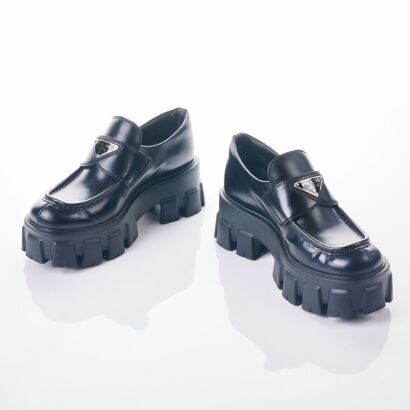 Prada, Black Leather Monolith Loafers, Size 35 with Box