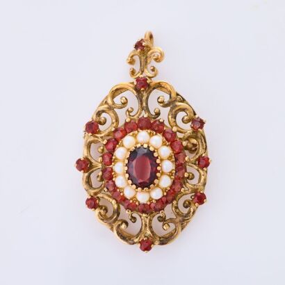 9ct Yellow Gold, Vintage, Garnet / Seed Pearl Brooch / Pendant