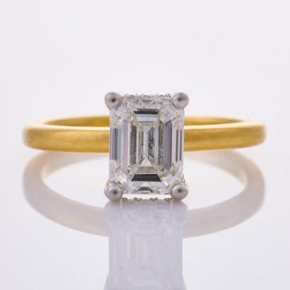 18ct Yellow / White Gold, 1.50ct Emerald Cut / .21ct Diamond Ring, Canadian Diamond, GIA Certified