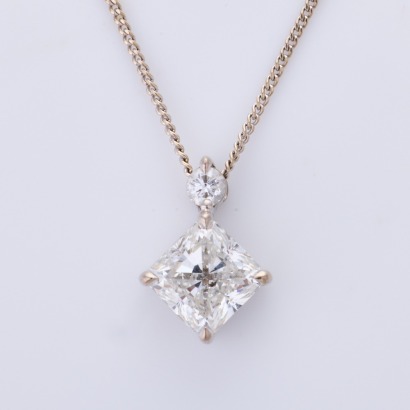 18ct White Gold, 2.01ct Square Cut Diamond /.10ct Diamond Solitaire Necklace, GIA certified