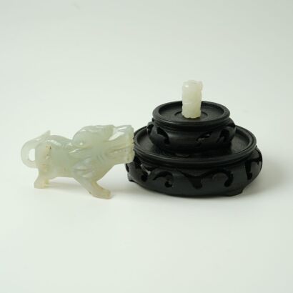 Two Chinese Jade Ornaments with Wood Base