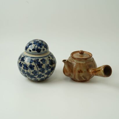 A Blue and White Covered Jar and A Pottery Teapot