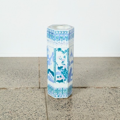 A Chinese Blue and White Painted 'Floral and Landscape' Umbrella Holder