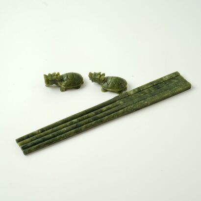 Two Pairs of Chinese Green Jade Chopsticks with Matching Rests
