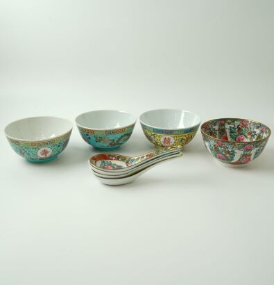 A Set of Eight Chinese 20th Century Famille-rose 'Dragon,Wan Shou Wu Jiang and Xi' Bowls and Spoons